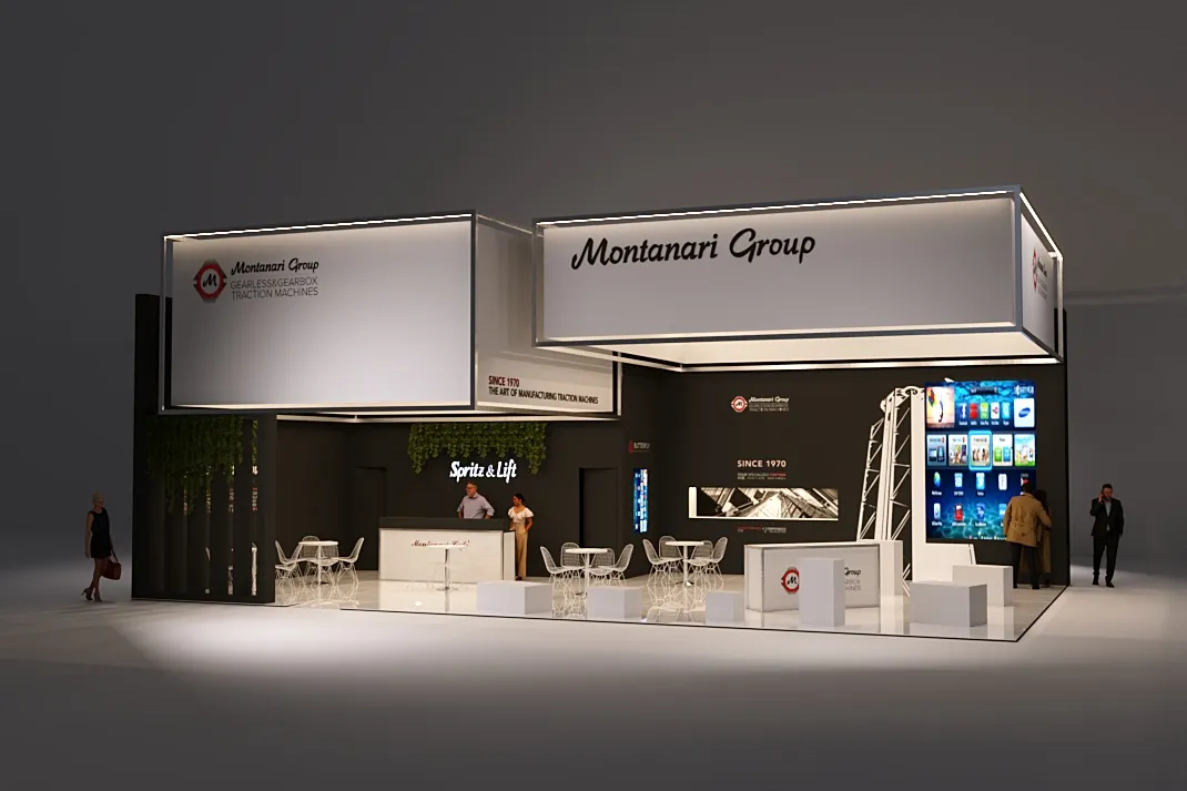 Render 3D dello stand Montanari Group, con soffitto scenografico sospeso e area lounge Spritz & Lift